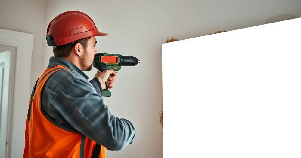 Trabalhador usando furadeira em parede durante reforma residencial