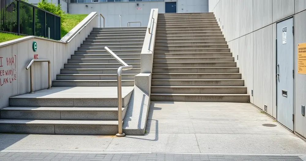 Rampa de acesso em concreto com corrimão ao lado de escada