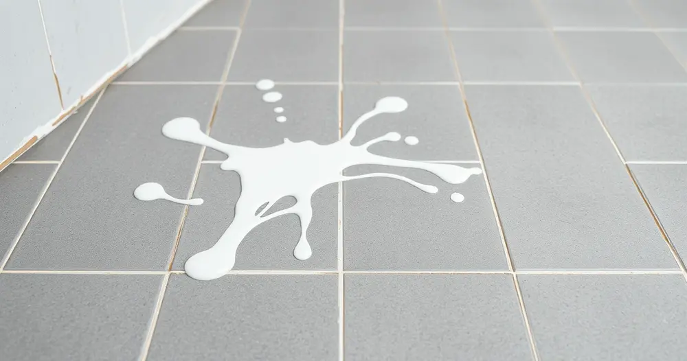 Respingos de tinta branca em piso durante obra de pintura