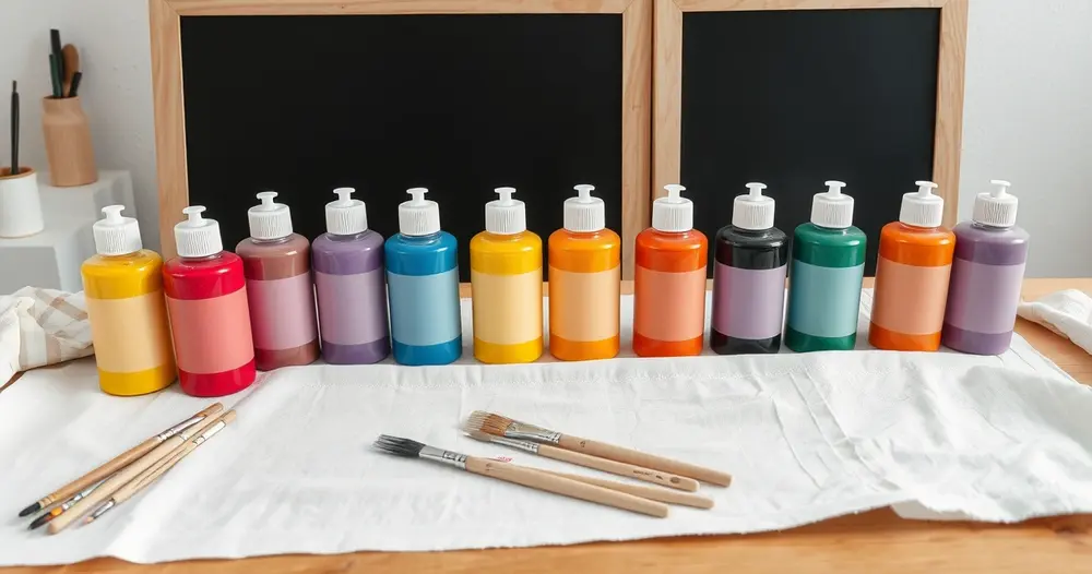 Bisnagas de tinta para tecido coloridas sobre mesa de artesanato