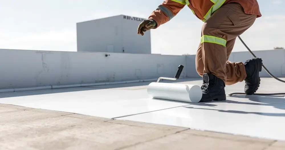 Aplicação de impermeabilizante com rolo sobre laje de concreto