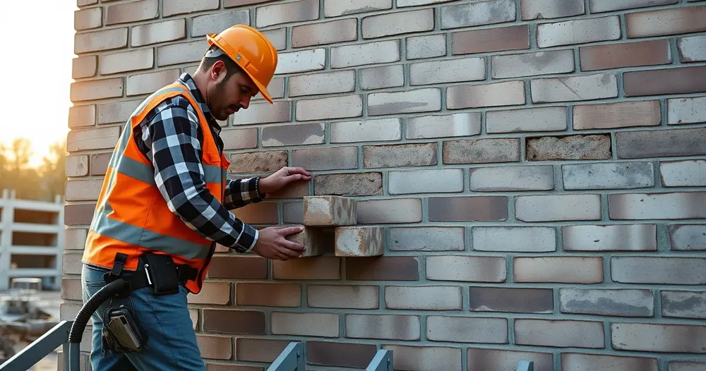 Pedreiro assentando tijolos em parede durante construção