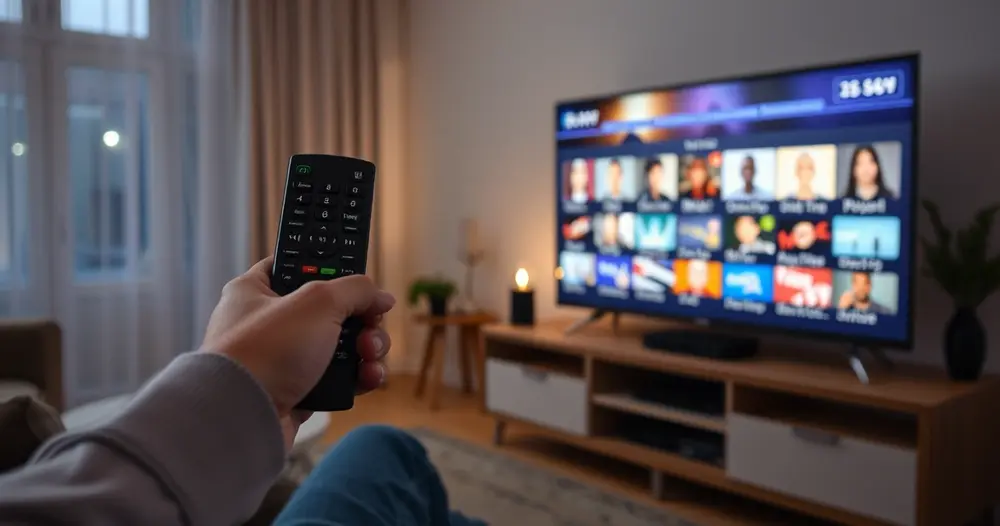 pessoa com controle remoto avaliando canais na televisão da sala