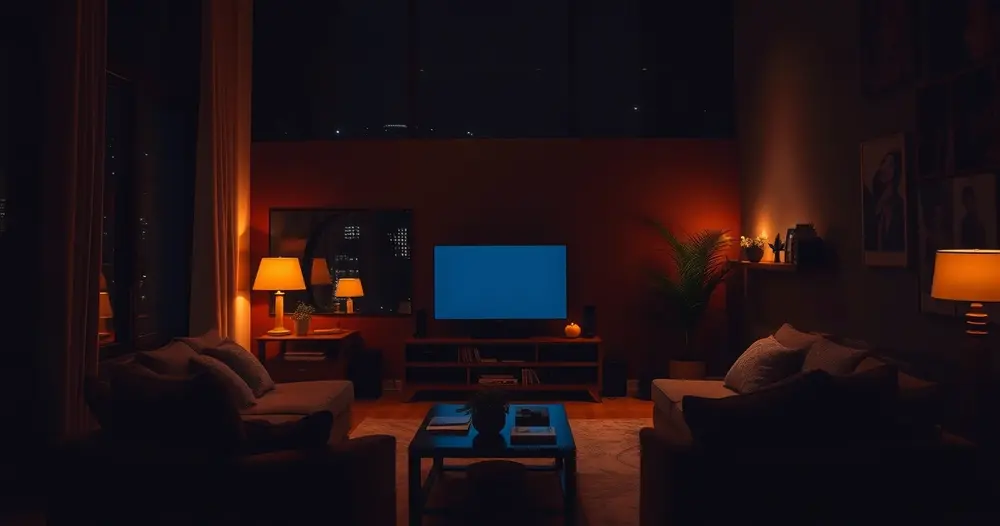 sala de estar à noite com televisão ligada e iluminação suave